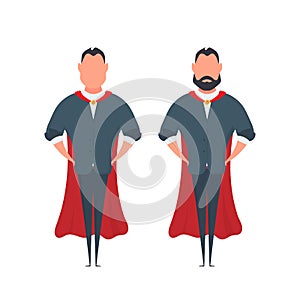 Bearded businessman with a red cloak in a cartoon style. A man superhero holds his hands on his belt. Isolated. Vector.