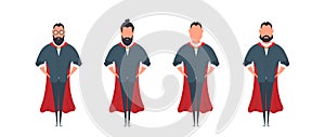 Bearded businessman with a red cloak in a cartoon style. A man superhero holds his hands on his belt. Isolated. Vector.