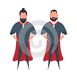 Bearded businessman with a red cloak in a cartoon style. A man superhero holds his hands on his belt. Isolated. Vector.