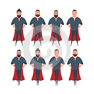 Bearded businessman with a red cloak in a cartoon style. A man superhero holds his hands on his belt. Isolated. Vector.