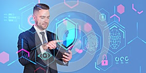 Bearded businessman with tablet, cybersecurity interface