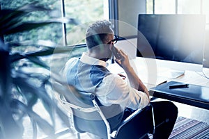 Bearded Businessman Wearing White Shirt Waistcoat Working Modern Loft Startup Computer.Creative Young Man Using Mobile