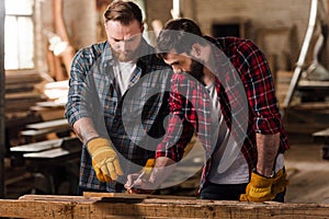 bearded carpenter in protective gloves pointing on wooden plank to partner with pen