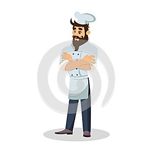 Bearded chef in cook cap. Cheerful waiter. Food server in uniform. Vector cartoon illustration