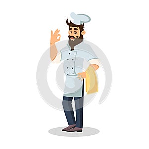 Bearded chef in cook cap keeping towel and showing ok sign.