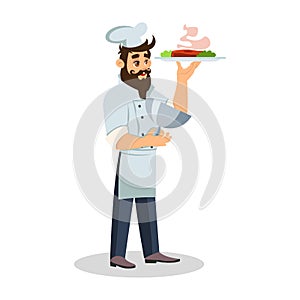 Bearded chef in cook cap keeping tray for hot meet.