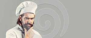 Bearded chef, cooks or baker. Bearded male chefs isolated. Cook hat. Confident bearded male chef in white uniform
