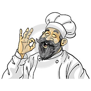 Bearded Chef OK Okay Hand Sign Cartoon Vector Illustration