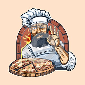 Bearded chef with a pizza in his hand on the background of the oven with a gesture of fingers okay