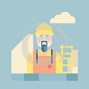 Bearded construction worker with helmet and overalls against a building backdrop. Male builder in safety gear at a