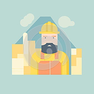 Bearded construction worker with helmet standing in front of building site. Serious male builder in safety gear and