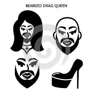 Bearded drag queen vector icons set, drag show, drag performance, man with beard dressed as sexy woman idea