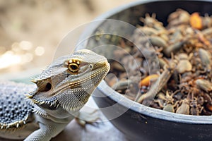 bearded dragon lizard eyeing a bowl of insects