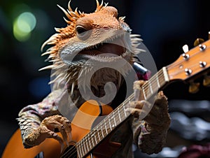Bearded dragon playing guitar on Fujifilm XT