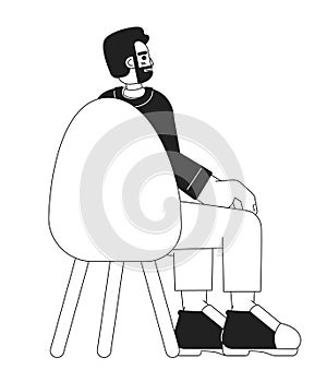 Bearded european man sitting in chair back view black and white 2D cartoon character