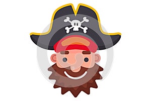 bearded face of a pirate in a hat with a skull emblem.