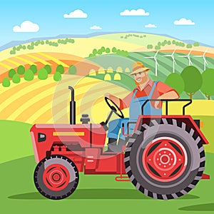 A bearded farmer in a tractor. Cartoon tractor model. The cultivation of the landscape