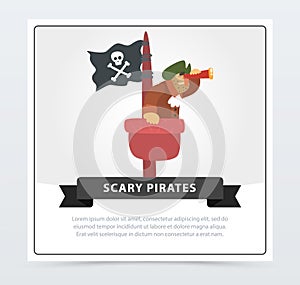 Bearded filibuster sitting on a mast and looking in spyglass, scary pirates banner, flat vector ilustration