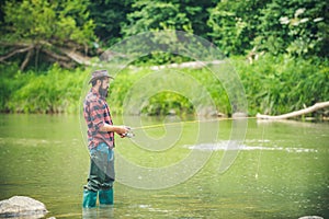 Bearded fisher in water. Ready for fishing. Guy fly fishing. Catching and fishing. If wishes were fishes. Cheers. Man