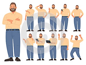 Bearded friendly stocky man in various activities on a white background. The guy uses gadgets