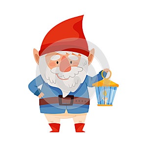 Bearded Gnome Character with Red Pointed Hat Holding Lamp Vector Illustration photo