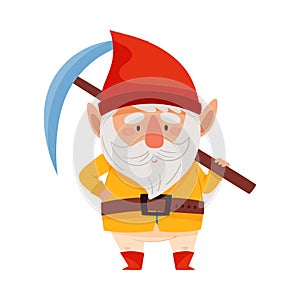 Bearded Gnome Character with Red Pointed Hat Holding Pickaxe Vector Illustration photo