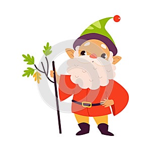 Bearded Gnome in Hat with Sapling as Fairy Tale Character Vector Illustration