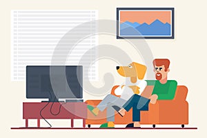 Bearded guy with antropomorphic dog buddy sitting on sofa and watching movie on TV at home vector illustration.