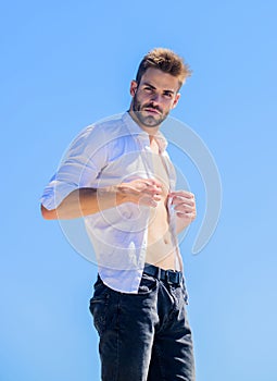 Bearded guy business style. Handsome man fashion model. Muscular torso. Muscular sexy macho man. Attractive torso. Hot