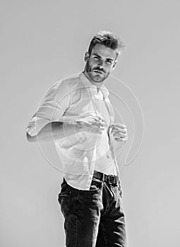 Bearded guy business style. Handsome man fashion model. Muscular torso. Muscular sexy macho man. Attractive torso. Hot
