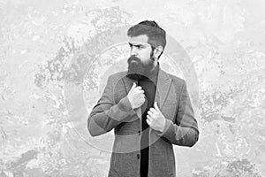 Bearded guy casual style. Fashionable look of busy man. Menswear. Elegant stylish hipster. Bearded man in urban style