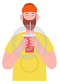 Bearded guy drink soda from plastic cup with straw