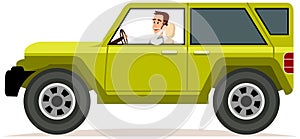 Bearded guy is driving vehicle and using his smartphone. Crossover, SUV, cross country car, jeep