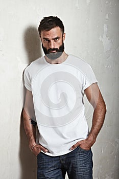 Bearded guy wearing white t-shirt