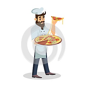 Bearded handsome cook standing and keeping pizza in hands. Friendly waiter at work.