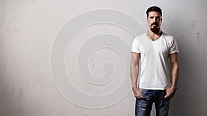 Bearded handsome guy wearing white blank t-shirt