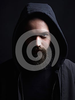 Bearded Handsome Man in Hood. Boy in a hoodie