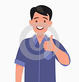 Bearded happy man shows thumb up. Gesture cool.