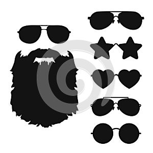 Bearded hipster face black silhouette and Sunglasses icon collection.