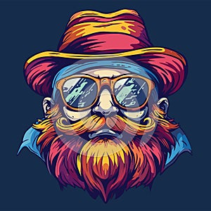 Bearded hipster with hat and sunglasses. Vector illustration for your design