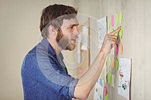 Bearded hipster looking at brainstorm wall