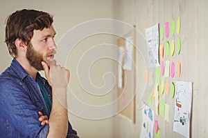 Bearded hipster looking at brainstorm wall