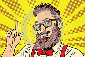 Bearded hipster man portrait pointing finger