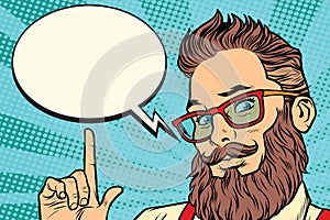 Bearded hipster man portrait pointing finger