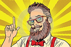 Bearded hipster man portrait pointing finger photo