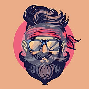 Bearded hipster with sunglasses and bandana. Vector illustration.