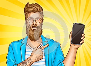 Bearded hipster with tattoos point on smartphone