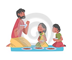 Bearded Indian Man with Little Kids Sitting on the Floor Having Meal Together Vector Illustration