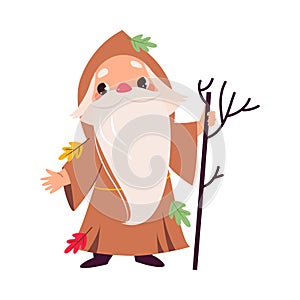 Bearded Kind Wizard with Stick as Fairy Tale Character Vector Illustration