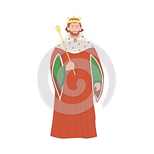 Bearded King with Crown and Scepter as Fabulous Medieval Character from Fairytale Vector Illustration